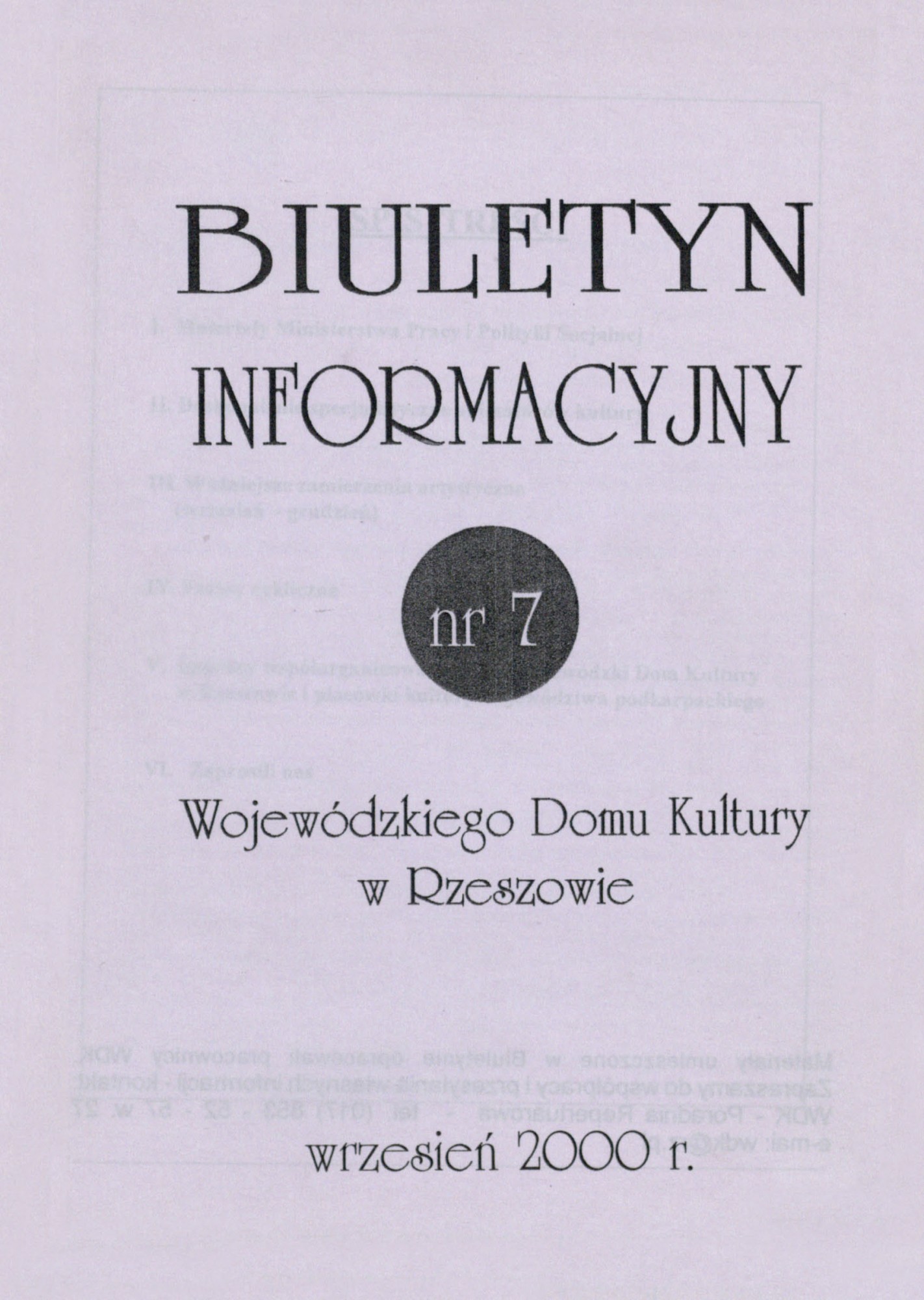 zdjęcie okładki czasopisma - Biuletyn Informacyjny Wojewódzkiego Domu Kultury w Rzeszowie. 2000, nr 7 (wrzesień)